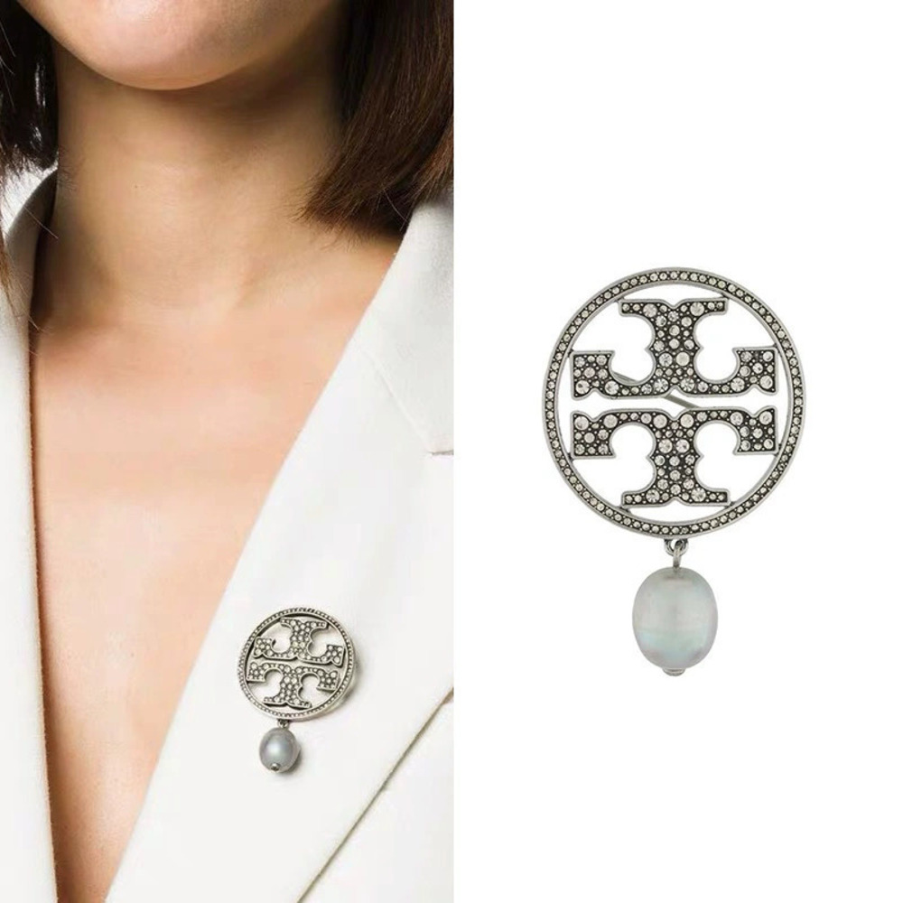 Tory Burch Gold Plated Pave Double Pearl Brooch Natural Freshwater Pearl Logo